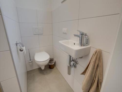 a white bathroom with a toilet and a sink at JooP in Niedernsill