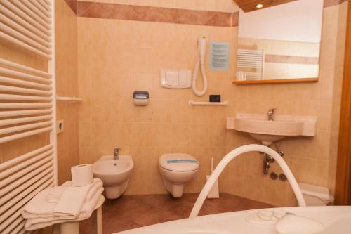 La salle de bains est pourvue d'un lavabo et de toilettes. dans l'établissement Hotel Vittoria, à Riva del Garda