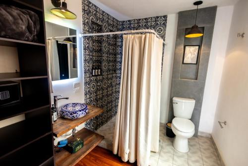 a bathroom with a toilet and a shower curtain at Hacienda Gobernadores in Mexico City