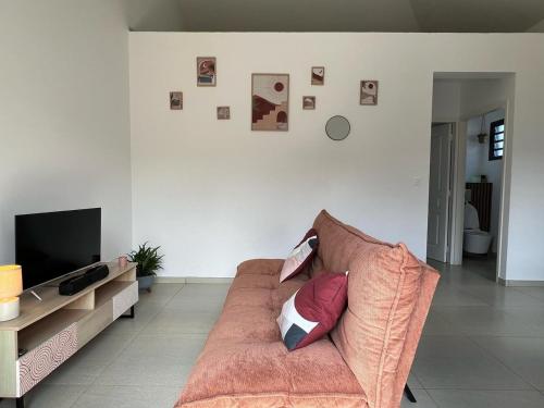 a living room with a couch and a television at Ti kaz Zirondel in LʼEntre-Deux