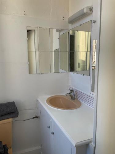 une salle de bain avec un lavabo et un miroir dans l'établissement Charmant 2 pièces village historique la turbie, à La Turbie