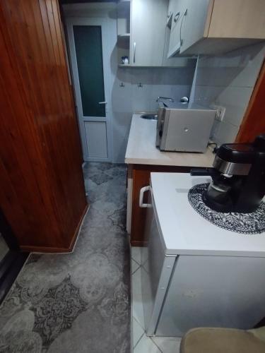 a small kitchen with a stove and a sink at Balti house in Bălţi