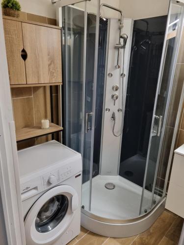une salle de bain avec douche et machine à laver dans l'établissement Hosted by Adrian, à Nîmes