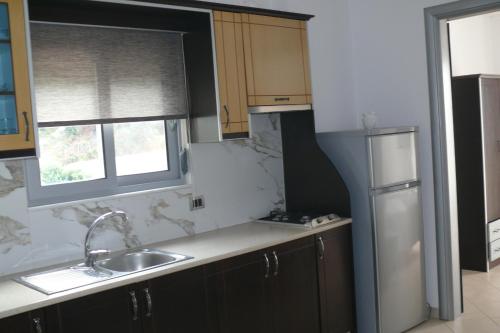 a kitchen with a sink and a refrigerator at Hotel Erviliano in Borsh