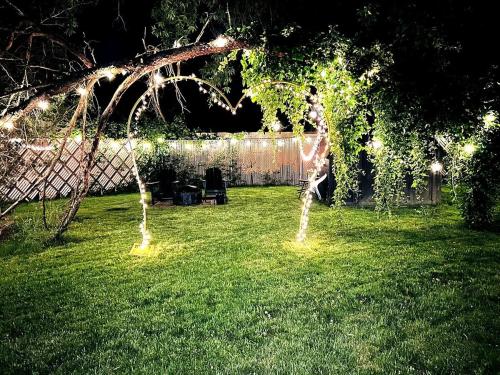 a yard with two trees in the grass at MdPulse Garden Suite Lower-Level Couples Retreat in Waldorf