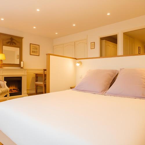 une chambre avec un lit et une cheminée dans l'établissement Hyper Centre, Saint-Maclou Ménage et linge inclus, à Rouen