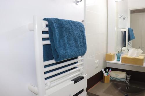 La salle de bains est pourvue d'une serviette bleue suspendue au-dessus d'un lavabo. dans l'établissement T2 climatisé wifi piscines parking, à Saint-Raphaël