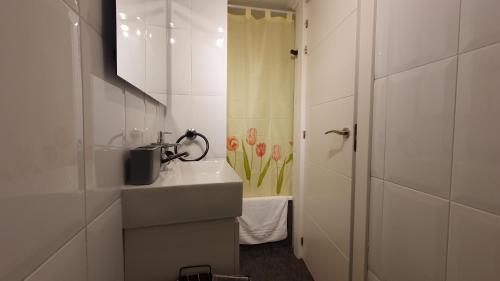 a white bathroom with a sink and a shower at Vivenda Ponte Romana in Padrón