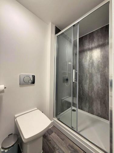 a bathroom with a shower and a toilet at Central Sheffield 1 Bed Flat, Sleeps 3, City Views, Full Kitchen in Midland