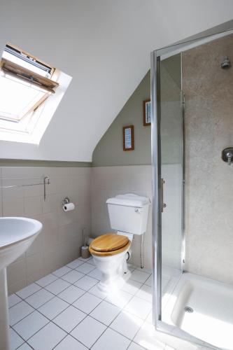 a bathroom with a toilet and a shower and a sink at Doolin Eye Dunroman in Doolin