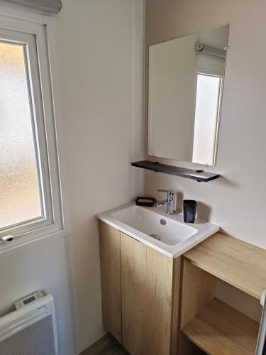 une salle de bain avec un lavabo et un miroir dans l'établissement Mobil home clim 3 chambres à 100m de la plage, à Canet