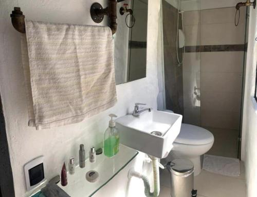 un bagno con lavandino e WC di Cabaña La Santa María a Guatavita