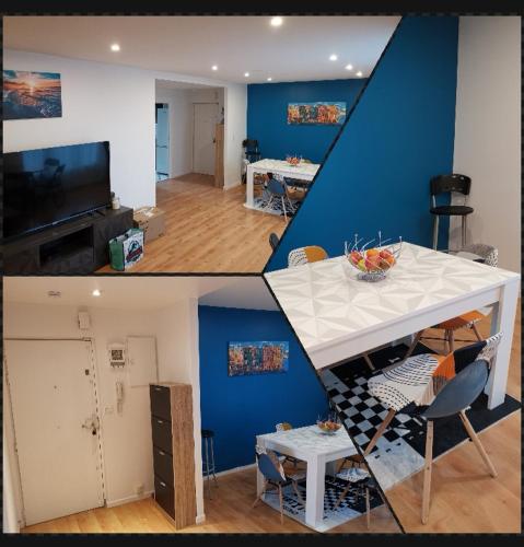 deux photos d'un salon et d'une salle à manger dans l'établissement Appartement lumineux près du centre-ville de Troyes, à Saint-André-les-Vergers