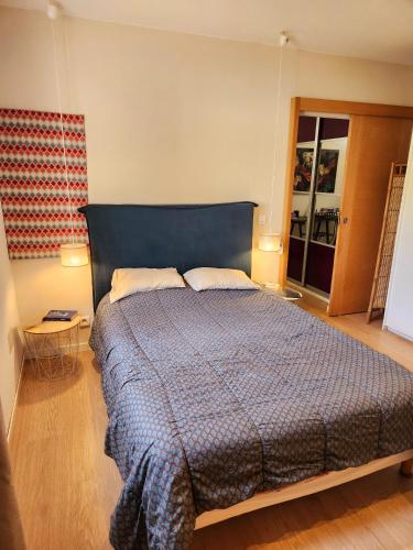 a bedroom with a large bed with a blue comforter at La Maison Sacco in LʼÎle-Rousse