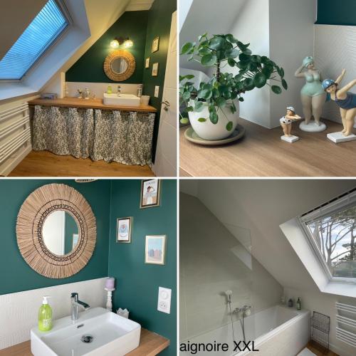 La salle de bains est pourvue de murs verts, d'un lavabo et d'un miroir. dans l'établissement Ty Glazu Doelan espace 60m2, Port& criques à pied, 2 chambres privées au 1er étage, SDB, WC séparé, à Clohars-Carnoët