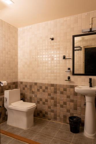 a bathroom with a toilet and a sink at Hotel Chandan Heritage in Bhubaneshwar