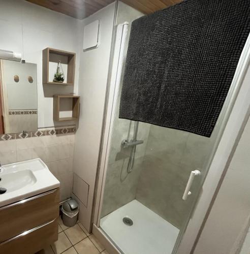 une douche avec une porte vitrée dans une salle de bain dans l'établissement Aux Roses, à Saint-Honoré-les-Bains