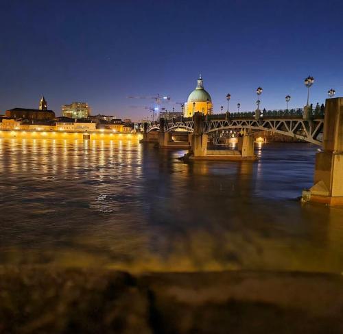 a bridge over a river at night with lights on at Appartement Saint-Pierre TOULOUSE hyper centre ville in Toulouse