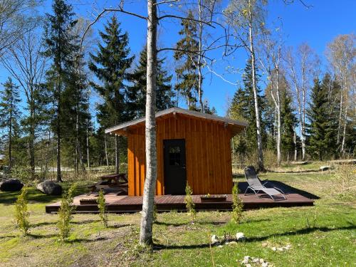 a small wooden cabin in a forest with a tree at Marika Puhkeküla - Metsanurga Järvemaja in Nõva
