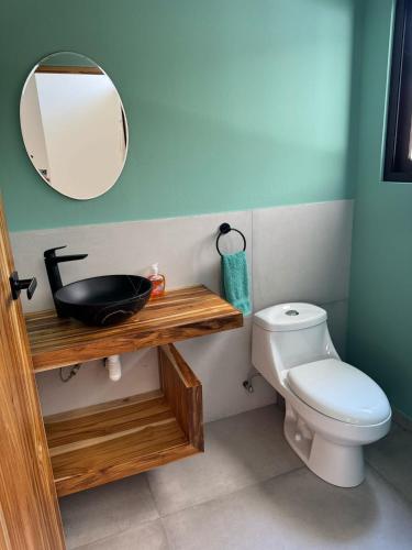 a bathroom with a white toilet and a mirror at Villas Roma Del Mar in Playa Naranjo