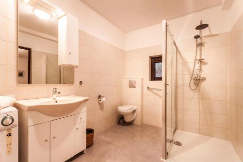 a bathroom with a sink and a toilet and a shower at Willa Stróża in Myślenice