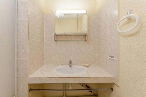 une salle de bain avec un lavabo et un miroir dans l'établissement Appartement traversant vue sur l'étang, à Saintes-Maries-de-la-Mer