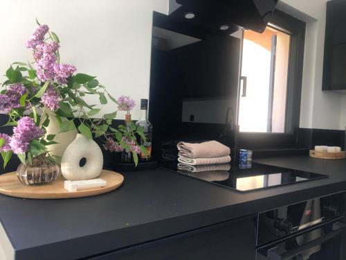un comptoir noir avec un vase de fleurs sur lui dans l'établissement Grand studio lumineux & moderne - Manosque, à Manosque