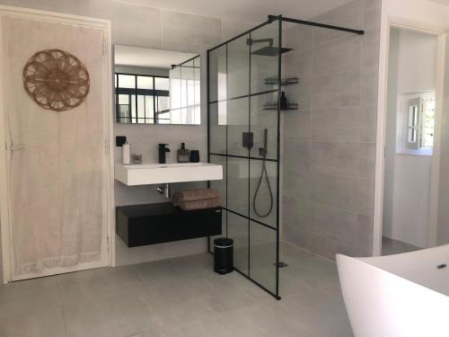 une salle de bain avec un lavabo et une douche en verre dans l'établissement Grand studio lumineux & moderne - Manosque, à Manosque