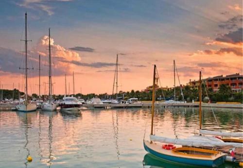 a group of boats docked in a harbor at sunset at Marconi B&B - Holiday Home in Marconia