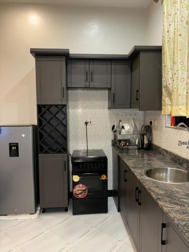 a kitchen with a stove and a sink in it at Faiths Furnished Apartments in Kampala