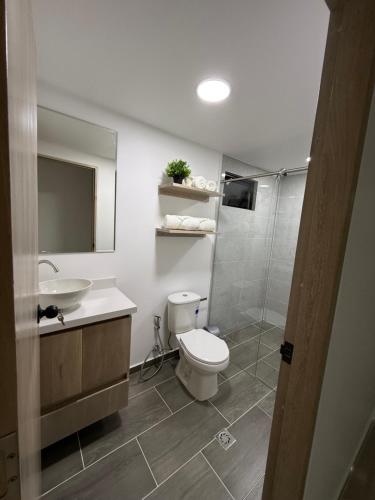 une salle de bain avec toilettes, lavabo et douche dans l'établissement 202 Nuevo Poblado y Provenza muy cerca, à Medellín