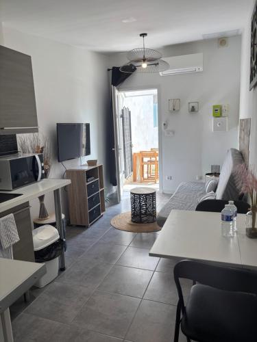 un salon avec un canapé et une table dans l'établissement Studio cosy avec jardin proche centre et plage, à Montpellier
