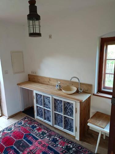 a bathroom with a sink in a room with a rug at Pferdehof in der Oststeiermark 