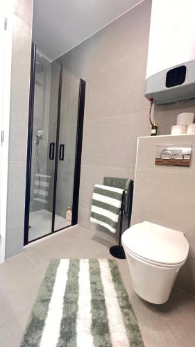 a bathroom with a toilet and a glass shower at Luxury apartment Black Pearl Beluga with private Pool and Jacuzzi in Novalja