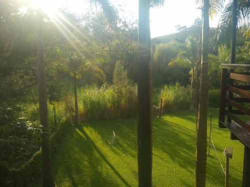 a view from a window of a yard with palm trees at Nosso Recanto Gaúcho Paraíso no interior Guaratinguetá Aparecida in Guaratinguetá