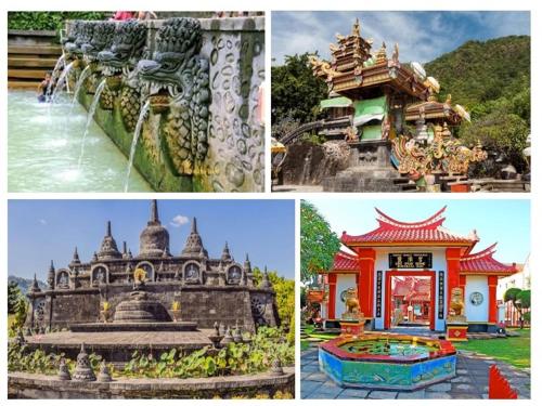 a collage of four pictures of a building and a fountain at Wake up to the Sea of Bali Beachfront luxury plus in Singaraja