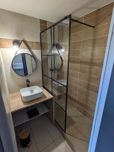 une salle de bain avec un lavabo et un miroir dans l'établissement Appartement Valras - Bord de mer, à Valras-Plage