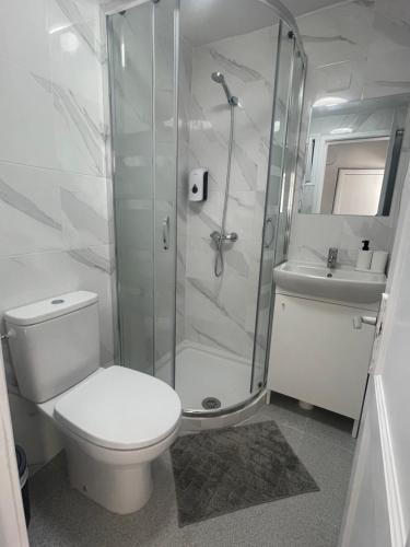 a bathroom with a shower and a toilet and a sink at Casa Mar in Punta de Mujeres