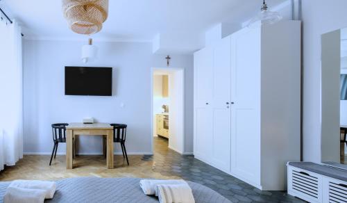 Televízia a/alebo spoločenská miestnosť v ubytovaní Kana - Stylish Apartment in Kraków Pomorska - Close, WiFi, Smart TV
