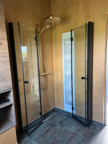 a shower with glass doors in a bathroom at De Geluksbrenger in Spanga