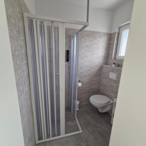a bathroom with a shower and a toilet at Vila Natasa Apartment 4 near Plitvice in Vrhovine