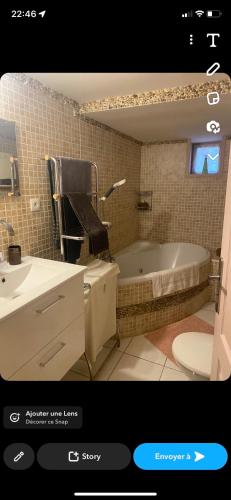 a bathroom with a tub and a toilet and a sink at Petit cocon in Château-Chinon
