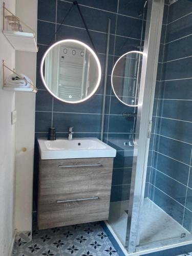 une salle de bain avec un lavabo et une douche dans l'établissement Appartement hypercentre - quartier Opéra, à Tours