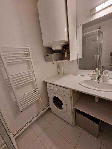 une cuisine avec une machine à laver et un évier dans l'établissement Grand et Cosy T2 à 10min des facultés, à Montpellier