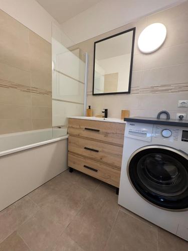 une buanderie avec une machine à laver et une baignoire dans l'établissement Nice tourist apartment, à Digoin