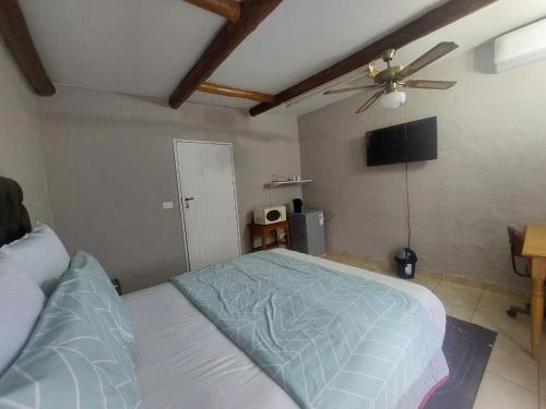 a bedroom with a bed and a ceiling fan at Daven Guest House in Pietermaritzburg