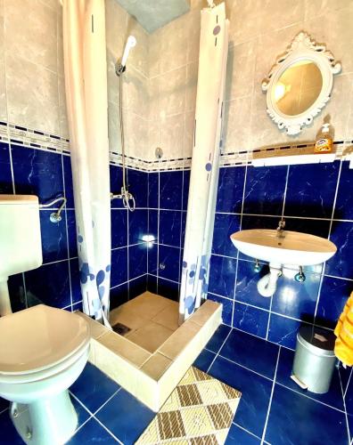 a blue tiled bathroom with a toilet and a sink at Villa Đuričić 200m od mora in Đenovići
