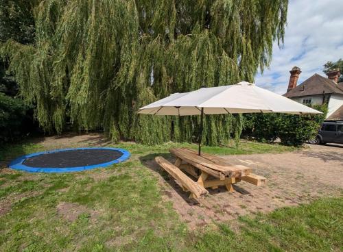 a picnic table and an umbrella next to a trampoline at A historic Pub with a modern twist - The Greyhound in Bury Saint Edmunds