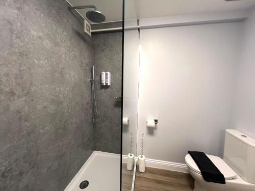 a bathroom with a shower with a glass door at Ground Floor 2 Bedroom Apt, Onsite Parking, Edge of Glastonbury and Street in Street