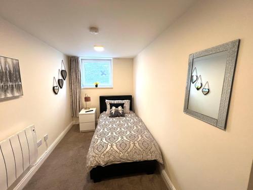 a bedroom with a bed and a mirror at Ground Floor 2 Bedroom Apt, Onsite Parking, Edge of Glastonbury and Street in Street